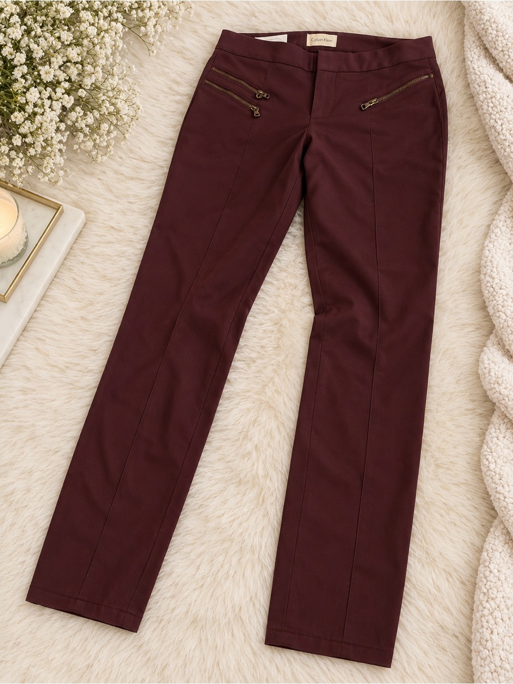 Calvin Klein Wine Straight Leg Pants with Zip Details